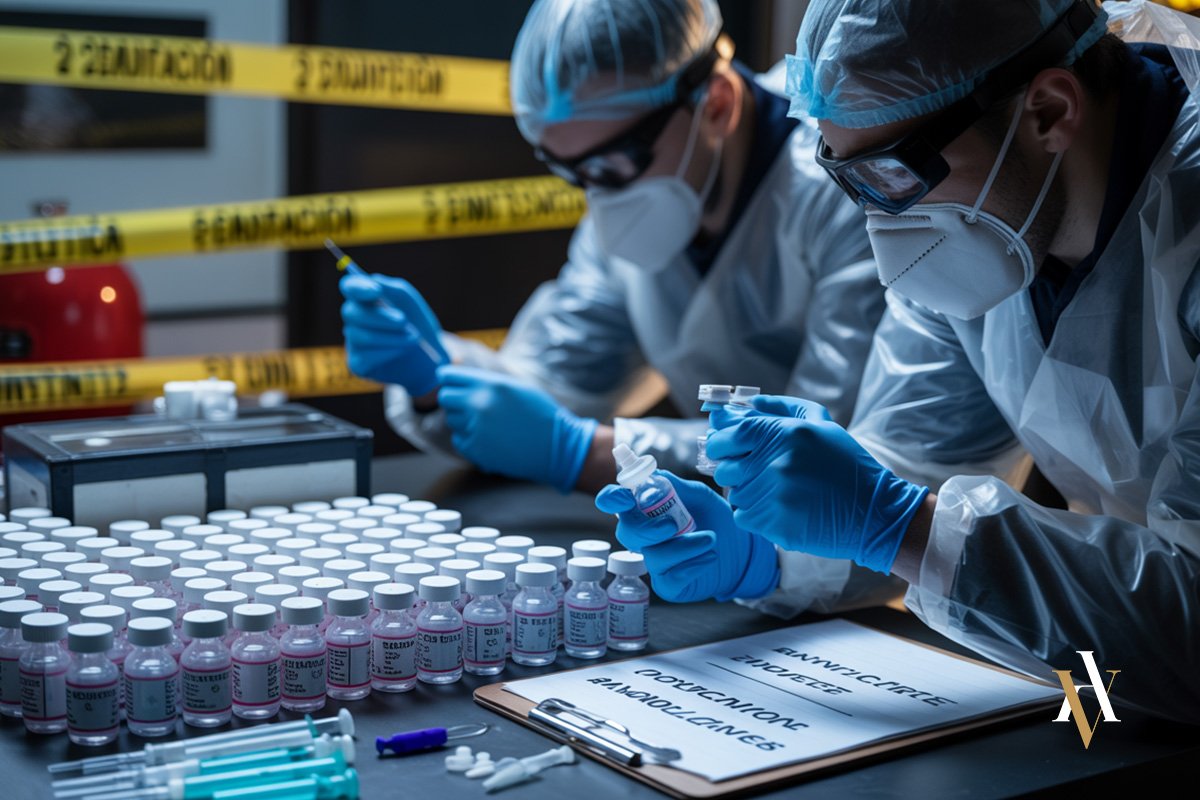Análisis de laboratorio (anabolizantes incautados) Agentes forenses analizan en laboratorio las sustancias incautadas durante una investigación por delito de dopaje y suministro de anabolizantes, dentro de un procedimiento penal por delitos contra la salud pública en España. ¿Buscas un abogado por la venta de esteroides?