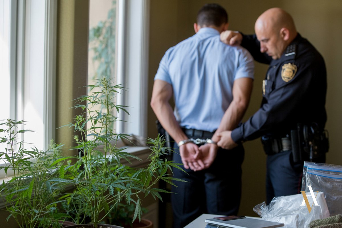 Policía deteniendo a un hombre en una vivienda con varias plantas de marihuana, báscula y bolsas de droga como indicios de tráfico de cannabis.