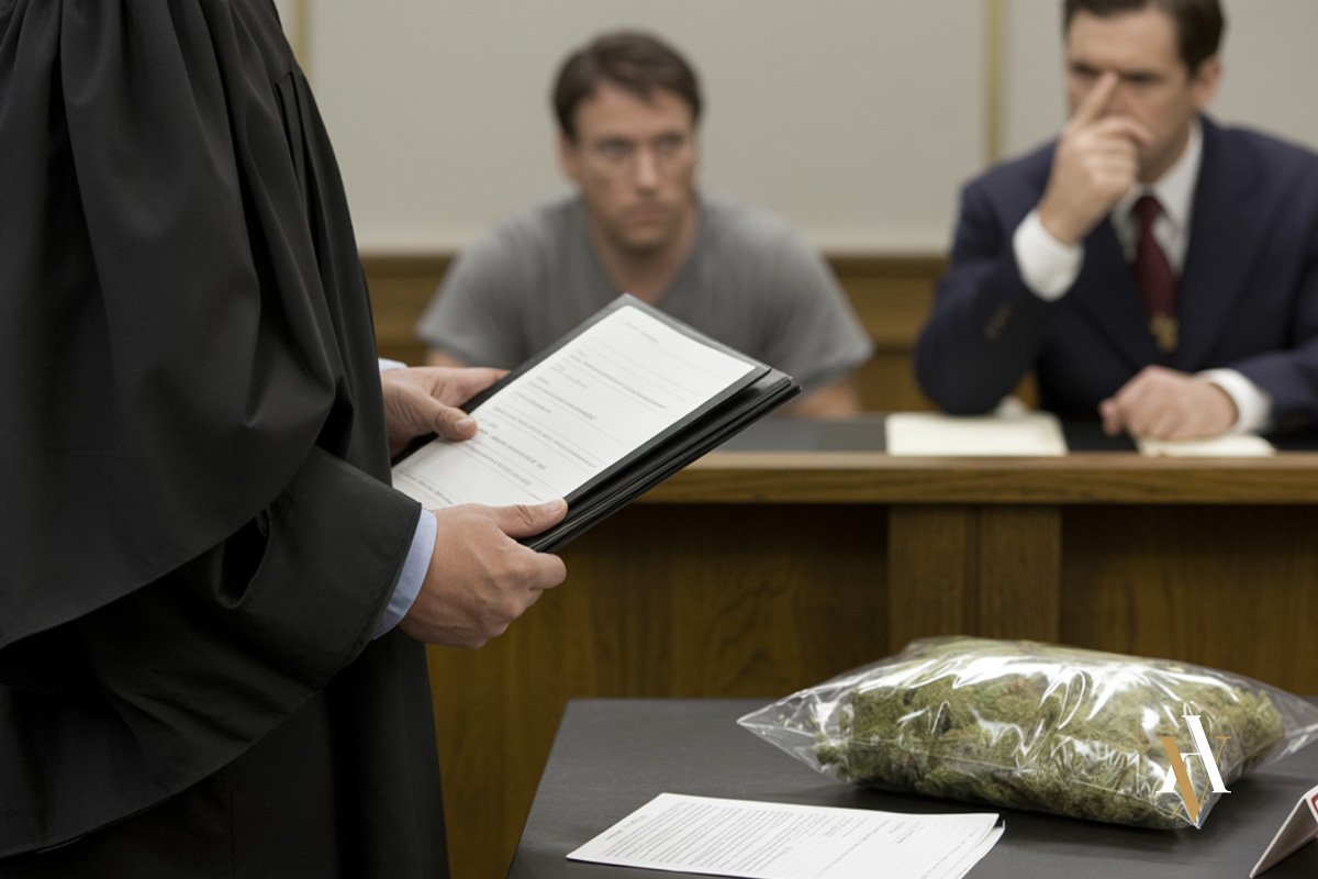 Juicio por trafico de drogas que no causen grave daño a la salud Sala de juicio en España con juez leyendo documentos, acusado al fondo y bolsa de marihuana presentada como prueba en un caso de tráfico de drogas blandas.