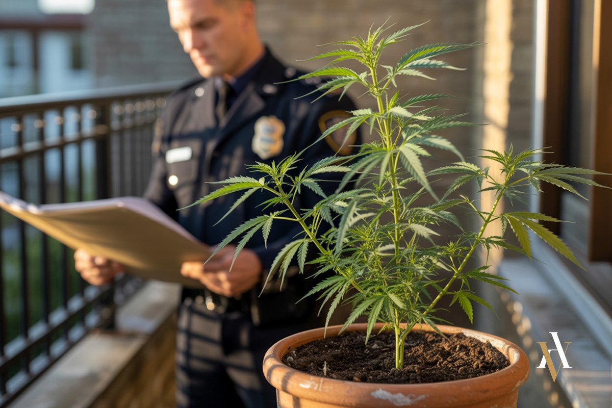Policia deteniendo por marihuana lanta de cannabis en maceta en un balcón privado mientras un policía revisa documentos legales, ilustrando la delgada línea entre autoconsumo y tráfico en España.
