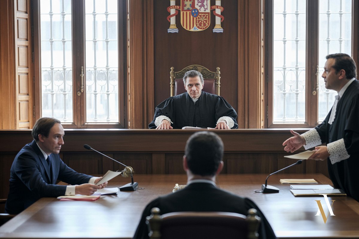 “Escena de juicio oral penal en España, con juez, abogado penalista defensor y fiscal en sala de vistas, ilustrando cómo es un juicio penal en la práctica”