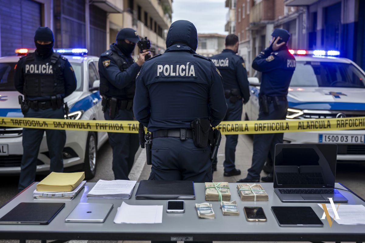 Detencion policial trata Operativo de Policía Nacional en España desmantelando una organización criminal dedicada a la trata de seres humanos, con incautación de dinero y dispositivos. Perfecta para contenido de abogado experto en trata, salud pública y organizaciones criminales.