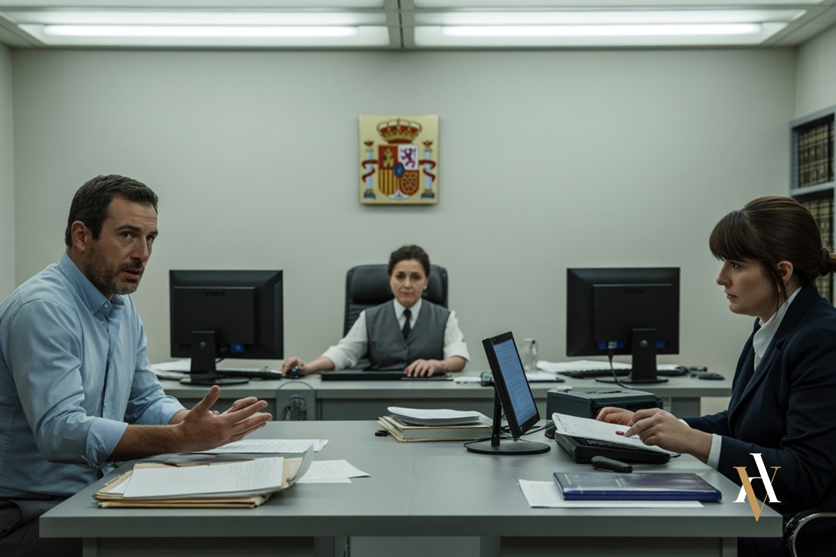 “Fase de instrucción en un juzgado penal en España, imagen que representa cómo es un juicio penal en su etapa previa, con juez, investigado y abogado sin toga en un entorno informal”