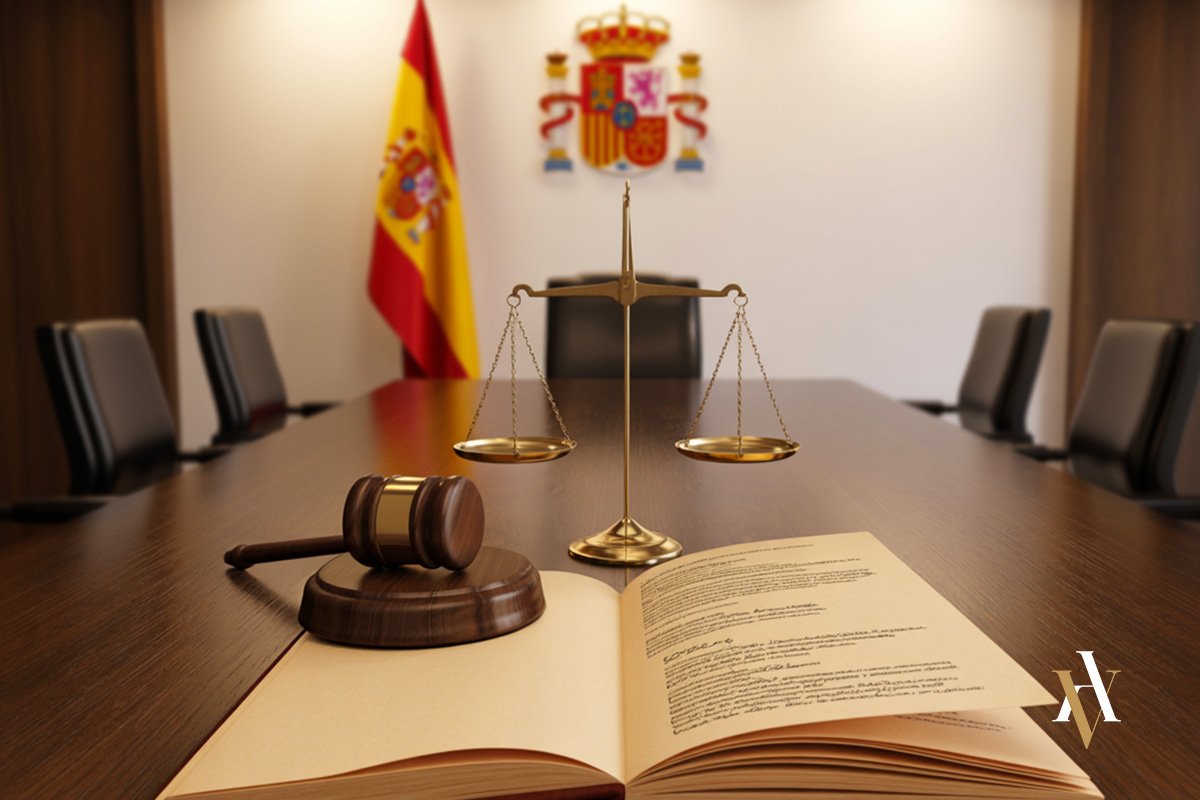 “Imagen conceptual sobre cómo es un juicio penal en España, con balanza de la justicia, mazo y Código Penal en una sala oficial con bandera y escudo nacionales”