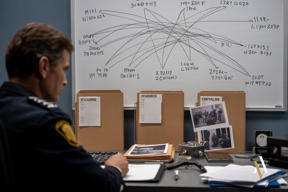 Investigación policial delito de trata d eseres humanos ucrif Investigación policial sobre trata de seres humanos con panel de conexiones, documentos y agentes analizando pruebas. Imagen ideal para artículo de abogado experto en trata y abogado experto en organizaciones criminales.