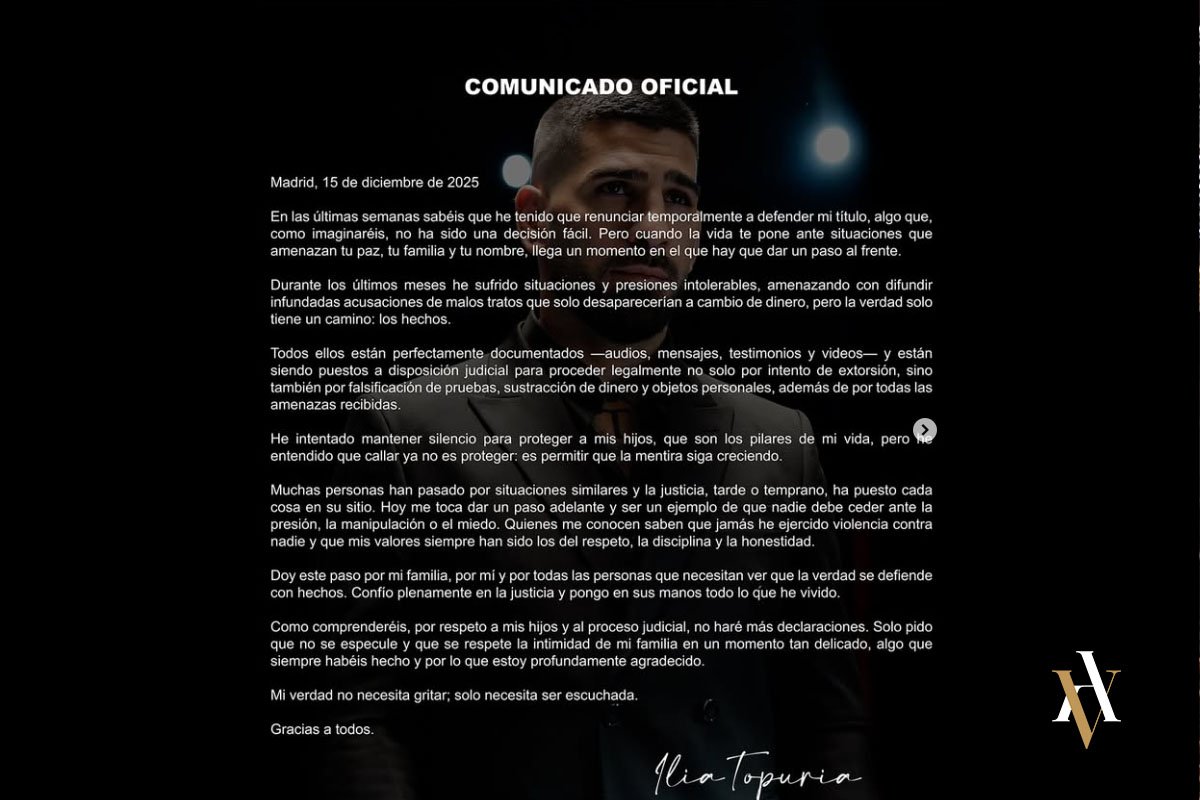 Comunicado oficial de Ilia Topuria publicado en redes sociales el 15 de diciembre de 2025, en el que anuncia su retirada temporal y explica la situación judicial que está afrontando.