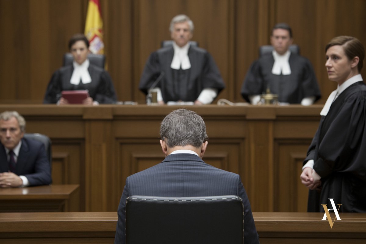 Juicio por relación consentida y agresión sexual en España, con acusado sentado en el banquillo ante un tribunal de magistrados.
