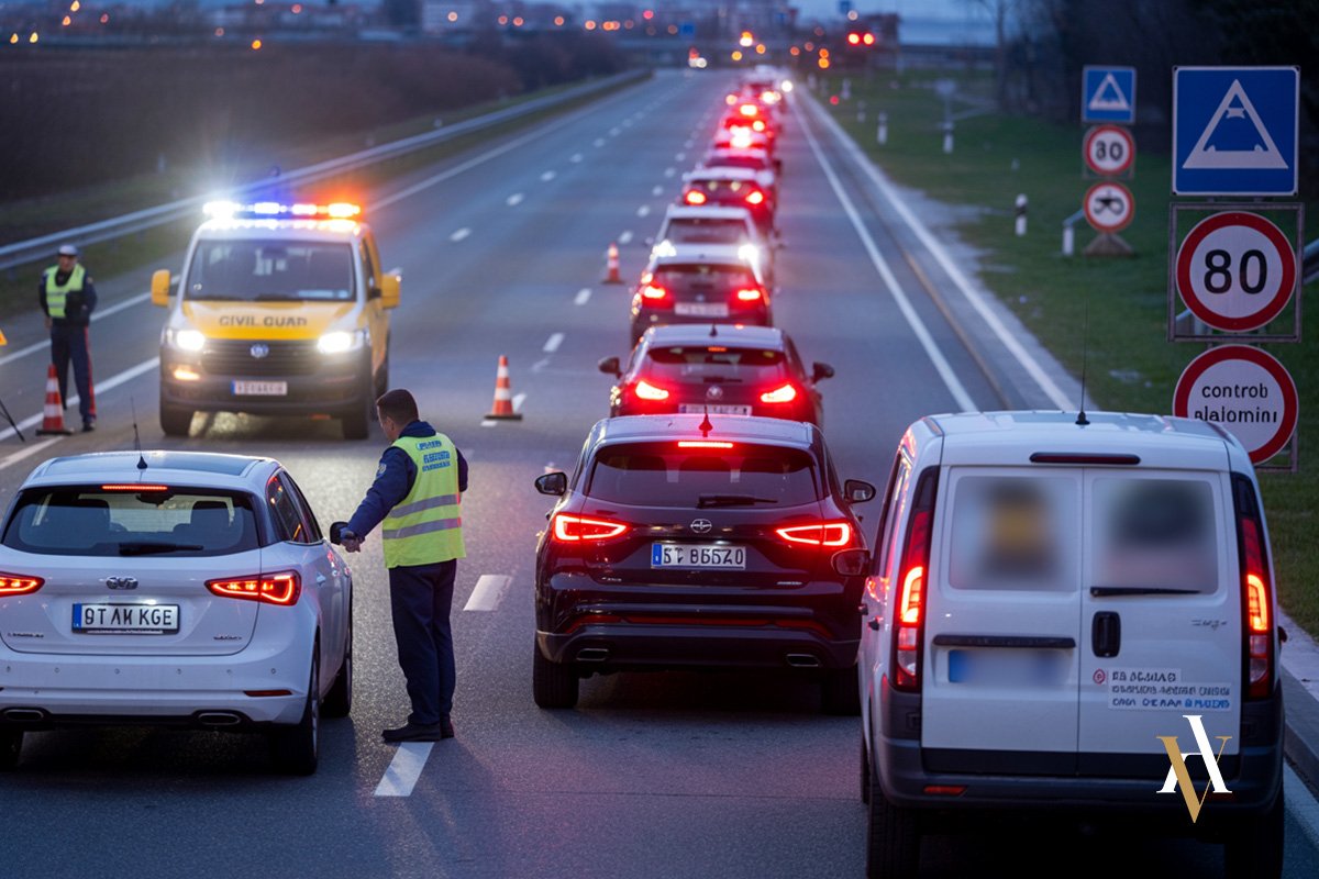 Control de alcoholemia con varios coches esperando Control de carretera nocturno con varios vehículos detenidos y agentes de la Guardia Civil realizando pruebas a los conductores durante una campaña de vigilancia del delito de alcoholemia en España.