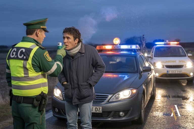 Escena realista de un agente de la Guardia Civil realizando una prueba de alcoholemia a un conductor en una carretera rural, como parte de los controles habituales que pueden derivar en un delito de alcoholemia.