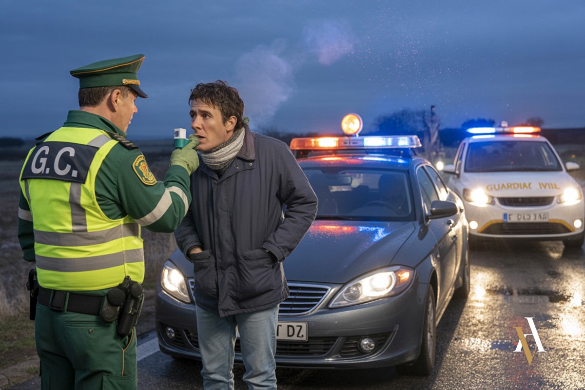 Escena realista de un agente de la Guardia Civil realizando una prueba de alcoholemia a un conductor en una carretera rural, como parte de los controles habituales que pueden derivar en un delito de alcoholemia.