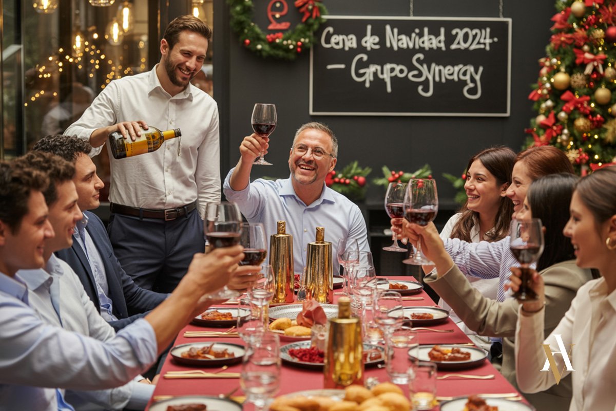 Cena de Navidad de empresa con consumo de alcohol Imagen de una cena de Navidad de empresa en España, donde varios trabajadores brindan con copas de vino, contexto previo habitual en muchos casos de denuncia por delito de alcoholemia tras eventos sociales.
