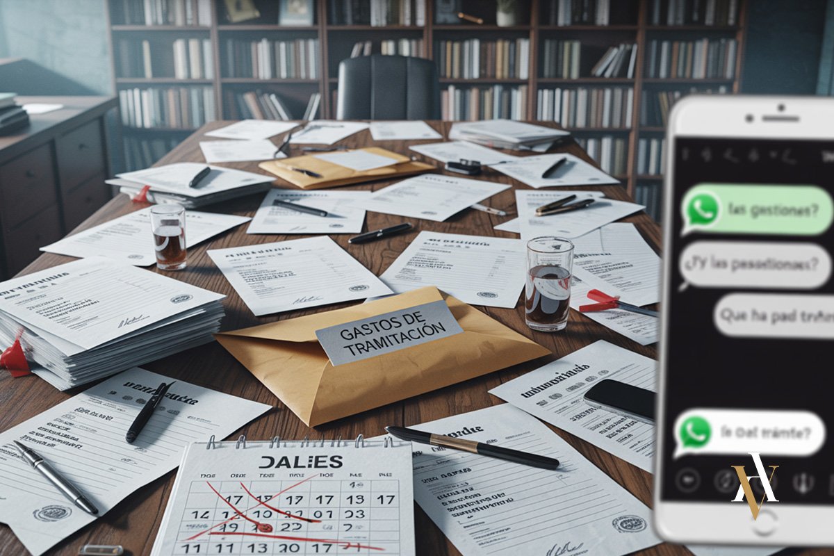 Mesa llena de documentos, sobres de gastos de tramitación y mensajes de WhatsApp, ilustrando casos habituales del delito de apropiación indebida por provisión de fondos. Contacta con un abogado penalista