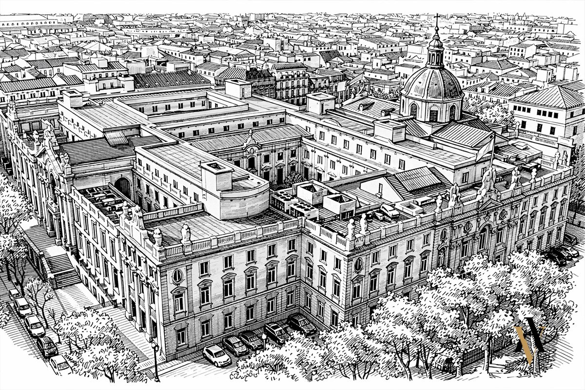Vista aérea del Tribunal Supremo Ilustración del edificio del Tribunal Supremo de España en Madrid, sede de la Sala Segunda de lo Penal y órgano competente para resolver recursos de revisión penal. Abogados expertos recurso revisión