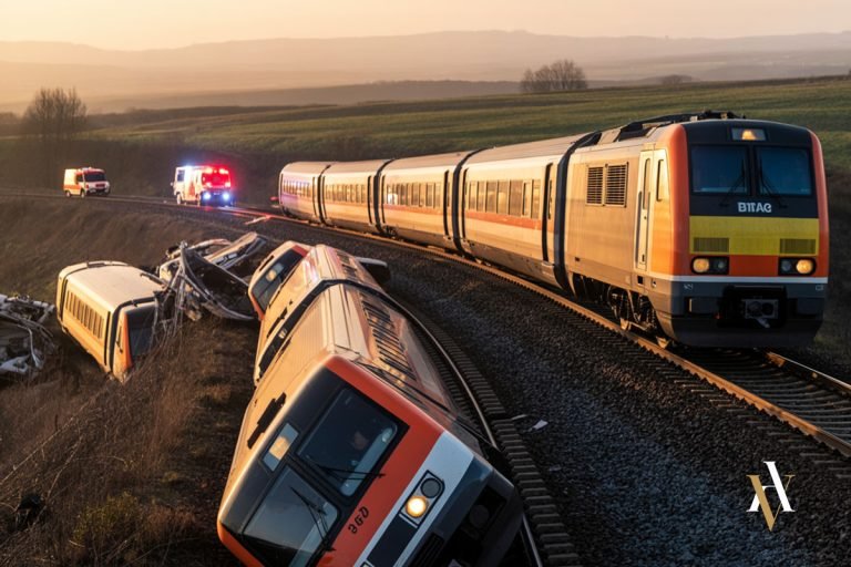 Accidente ferroviario con tren descarrilado en curva rural, escena utilizada para ilustrar un análisis jurídico sobre homicidio imprudente y responsabilidad penal en sistemas de transporte.