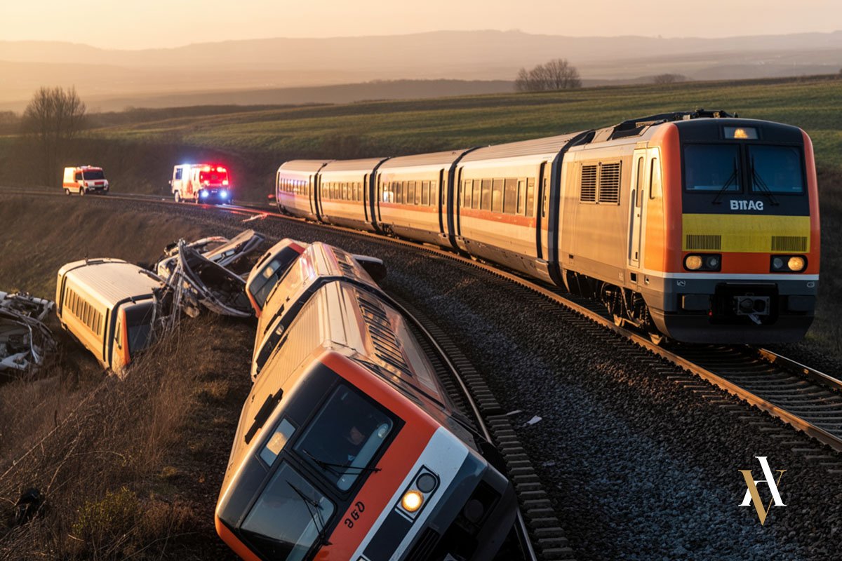 Accidente ferroviario con tren descarrilado en curva rural, escena utilizada para ilustrar un análisis jurídico sobre homicidio imprudente y responsabilidad penal en sistemas de transporte.