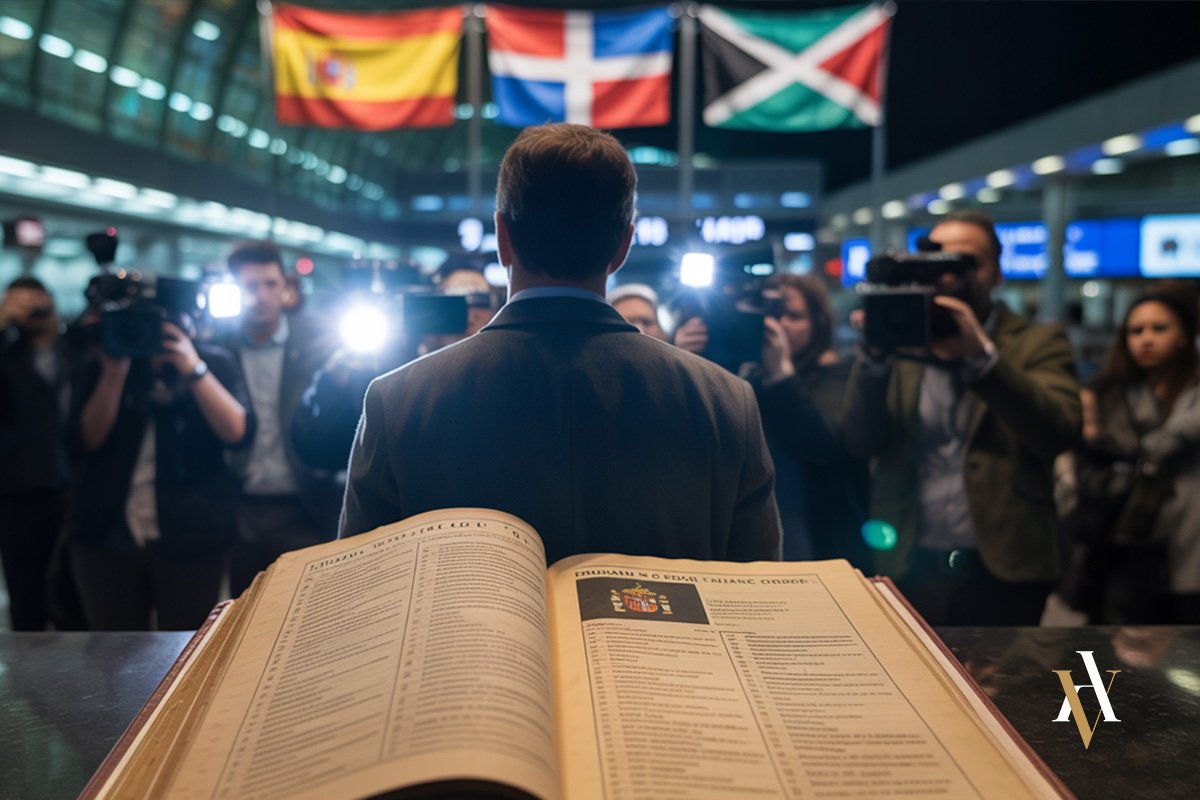 Hombre de espaldas frente a periodistas y cámaras en un aeropuerto internacional, con banderas de varios países al fondo y un Código Penal español abierto en primer plano, concepto de competencia internacional y jurisdicción penal.