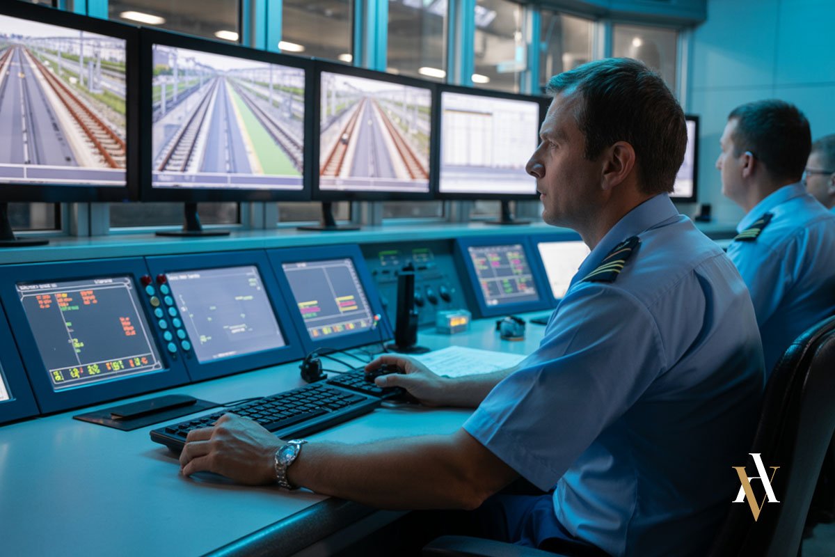 Centro de control ferroviario con operadores supervisando líneas y sistemas de seguridad en el contexto de un accidente ferroviario y posibles responsabilidades por homicidio imprudente.