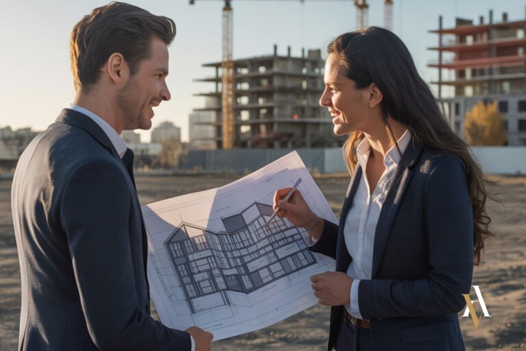 Cliente y promotora inmobiliaria revisando planos de vivienda sobre plano antes de una posible estafa inmobiliaria