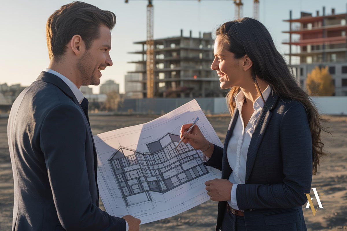 Cliente y promotora inmobiliaria revisando planos de vivienda sobre plano antes de una posible estafa inmobiliaria