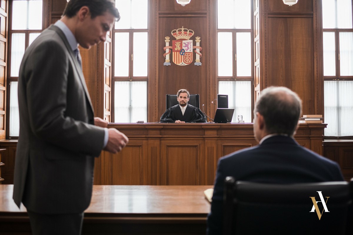 Sala de juicios en España con juez, abogado penalista y acusado en un procedimiento por tráfico de drogas