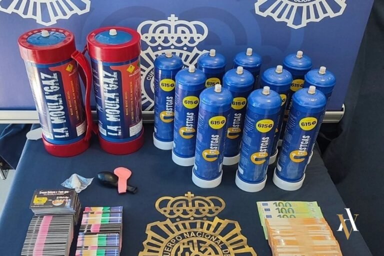 Bombonas de óxido nitroso incautadas por la Policía Nacional - gas de la risa delito