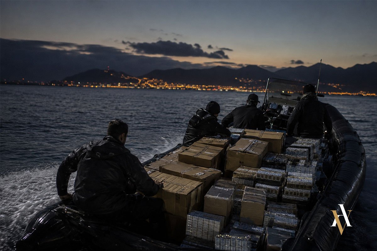 Lancha con cajas de tabaco de contrabando navegando de noche cerca de la costa en una operación clandestina.