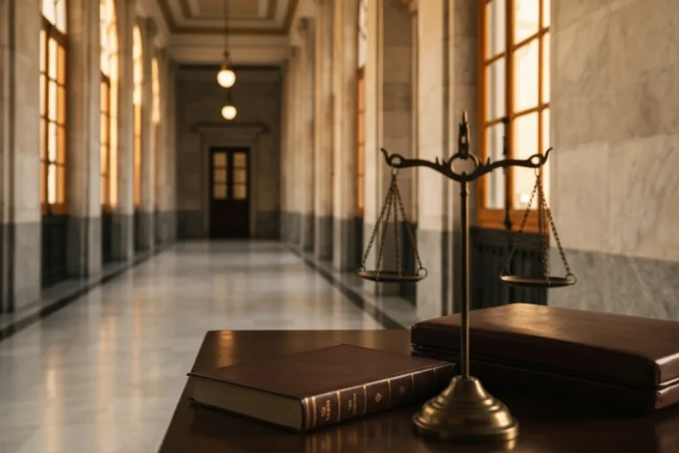 Pasillo de juzgado en Madrid con balanza de la justicia y libros de derecho, defensa penal en delitos contra la Administración Pública