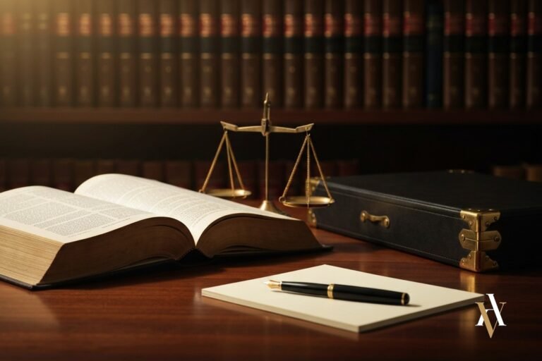 Código Penal español abierto con balanza de la justicia sobre mesa de despacho de abogado penalista