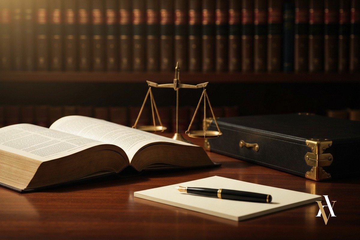 Código Penal español abierto con balanza de la justicia sobre mesa de despacho de abogado penalista