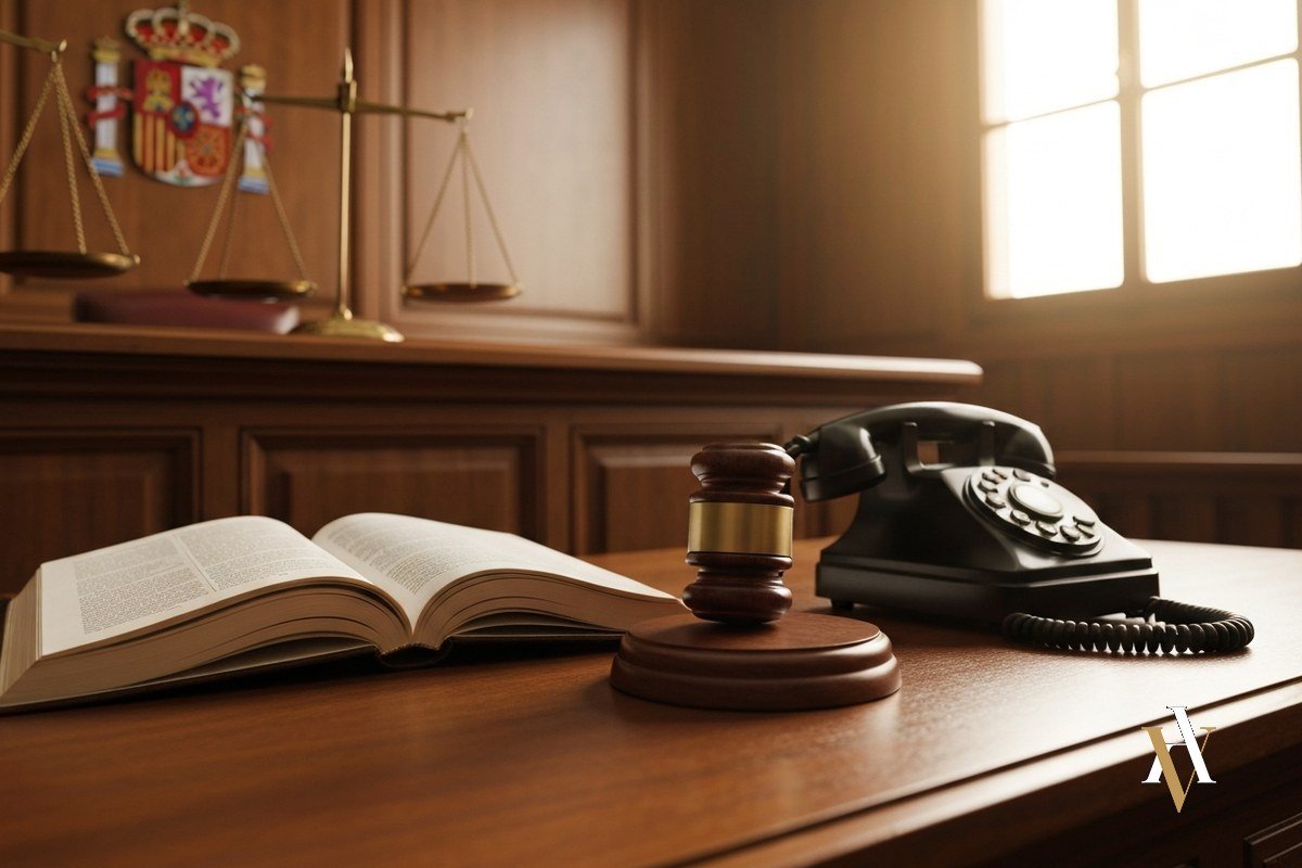 Requisitos escuchas telefonicas - Victor Avila abogado Codigo Penal abierto sobre mesa con telefono antiguo y mazo - requisitos escuchas telefonicas trafico de drogas