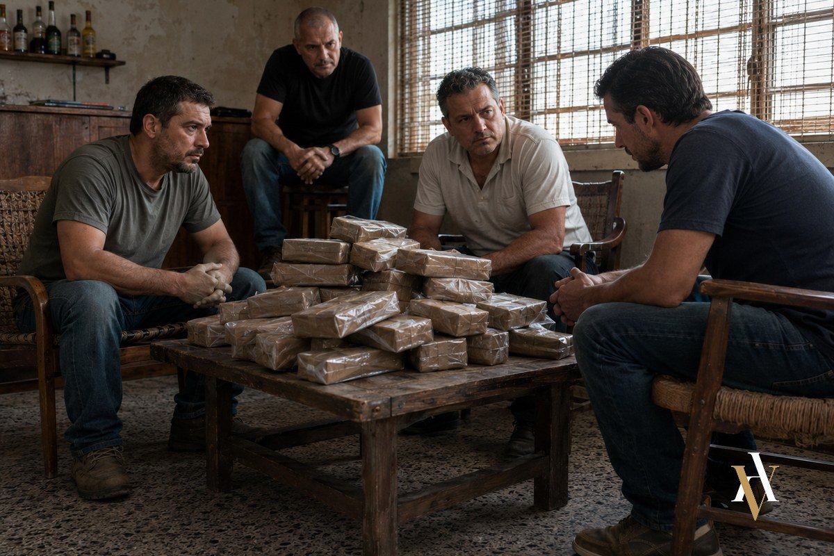 Reunion entre cuatro hombres con paquetes de droga prensados Cuatro hombres reunidos alrededor de paquetes de droga prensados sobre mesa de madera escena de trafico ilicito