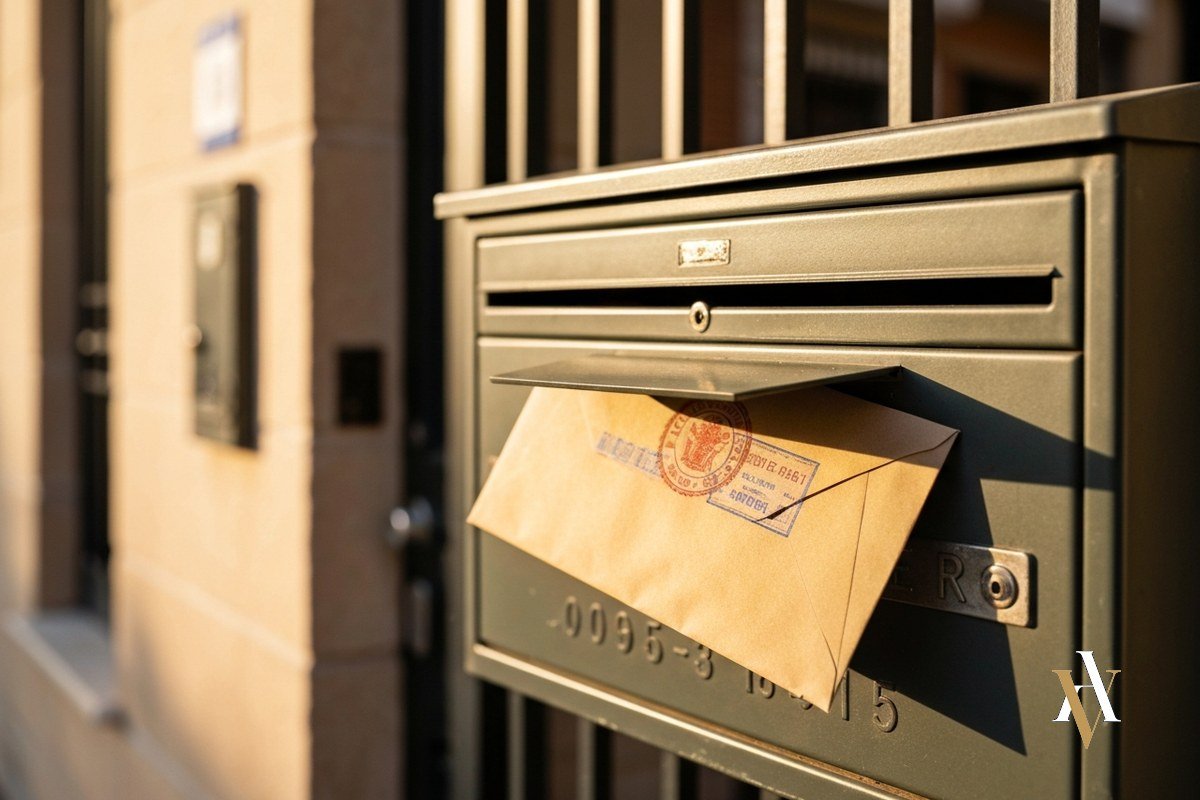 ¿Cuánto tarda en llegar una denuncia? Plazos y notificación al investigado Buzon postal espanol con sobre oficial del juzgado en portal de edificio