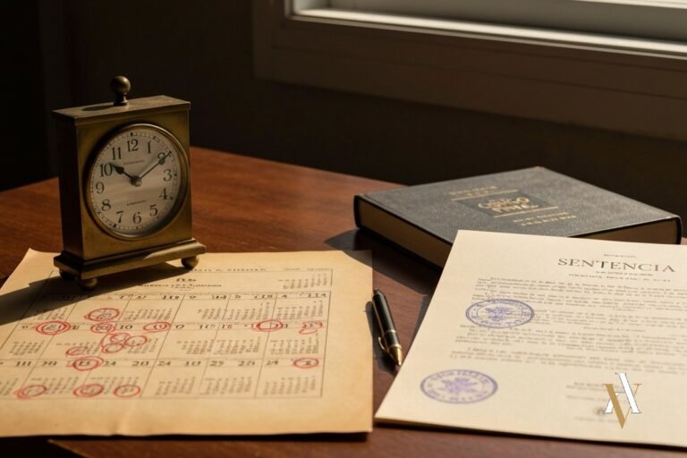 Calendario judicial espanol y sentencia con sello sobre escritorio de abogado - plazos sentencia juicio penal