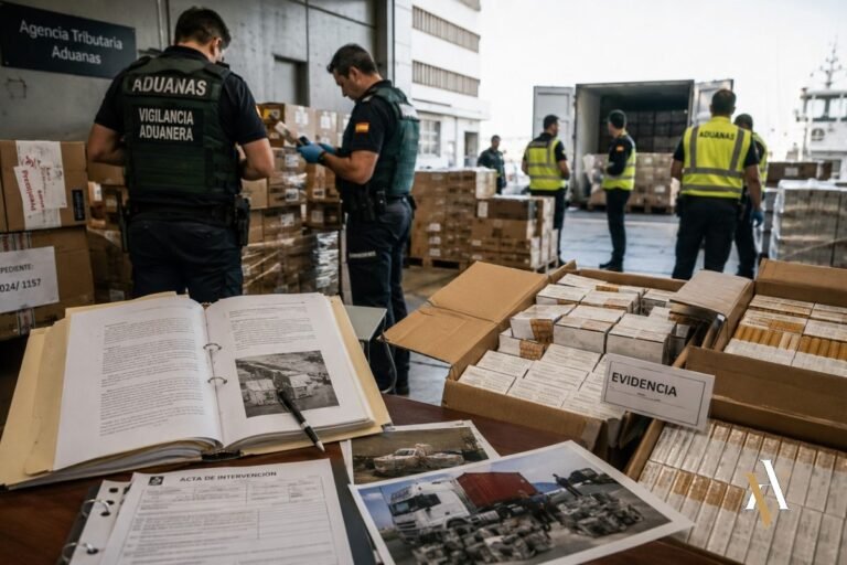 Agentes de Aduanas y Guardia Civil inspeccionan cajas de tabaco intervenido en operacion de contrabando con expediente y acta de intervencion