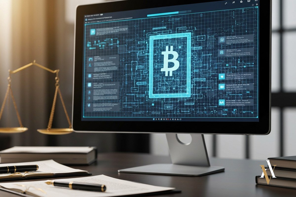 Estafas con criptomonedas: defensa del investigado y reclamación en perjuicios de alta cuantía Pantalla con visualizacion de transacciones blockchain sobre escritorio de abogado penalista