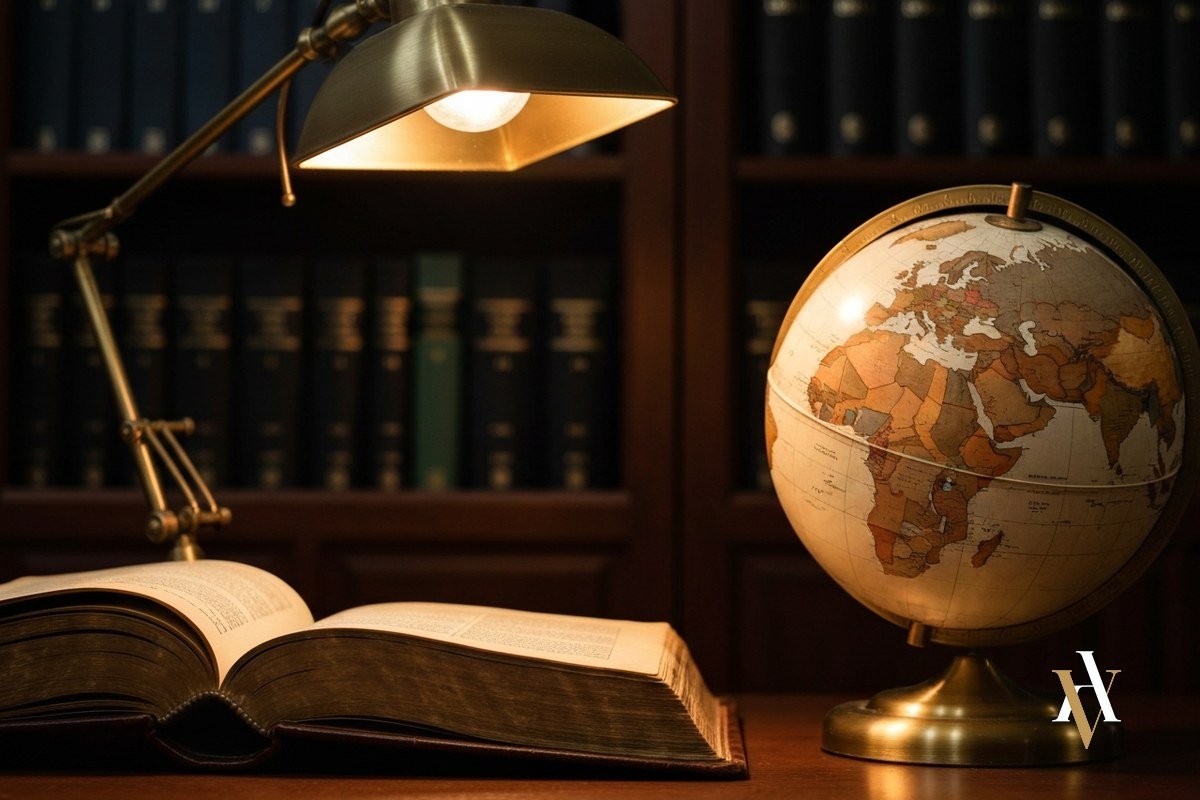 Extradición por terrorismo y motivos políticos: defensa y vulneración de derechos fundamentales Libro de derechos humanos internacional y globo terraqueo sobre escritorio de abogado penalista
