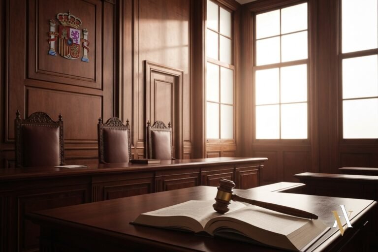 Sala de vistas vacia de una Audiencia Provincial espanola con Codigo Penal y mazo - recurso de apelacion penal