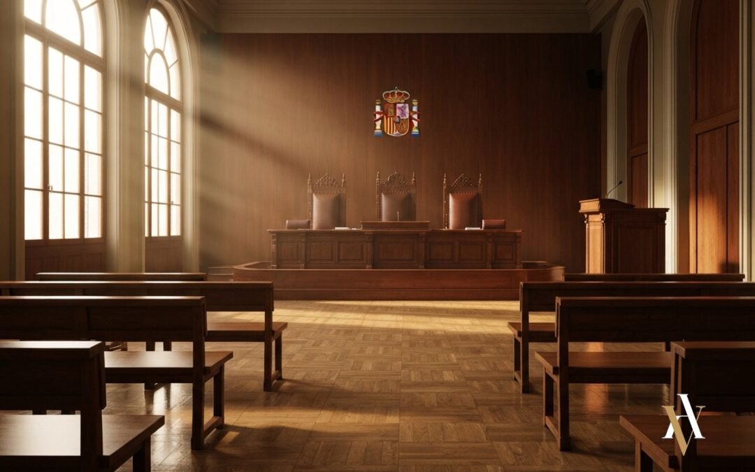 Sala de vistas oficial de tribunal espanol vacia con estrado del juez al fondo