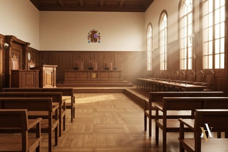 Sala de vistas española vacía con estrado del juez y banco del jurado preparados para juicio del Tribunal del Jurado