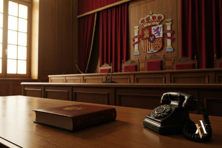 Sala de vistas del Tribunal Supremo con telefono antiguo y codigo penal sobre mesa, escudo de Espana al fondo