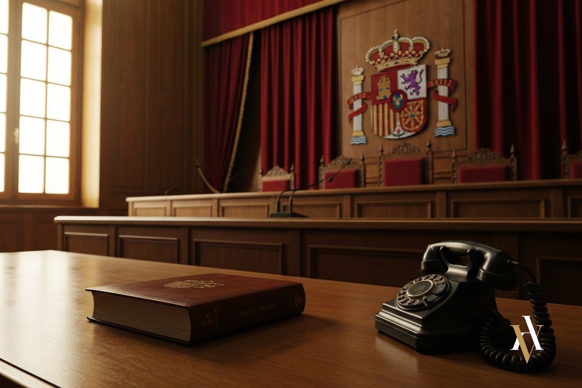 Sala de vistas del Tribunal Supremo con telefono antiguo y codigo penal sobre mesa, escudo de Espana al fondo