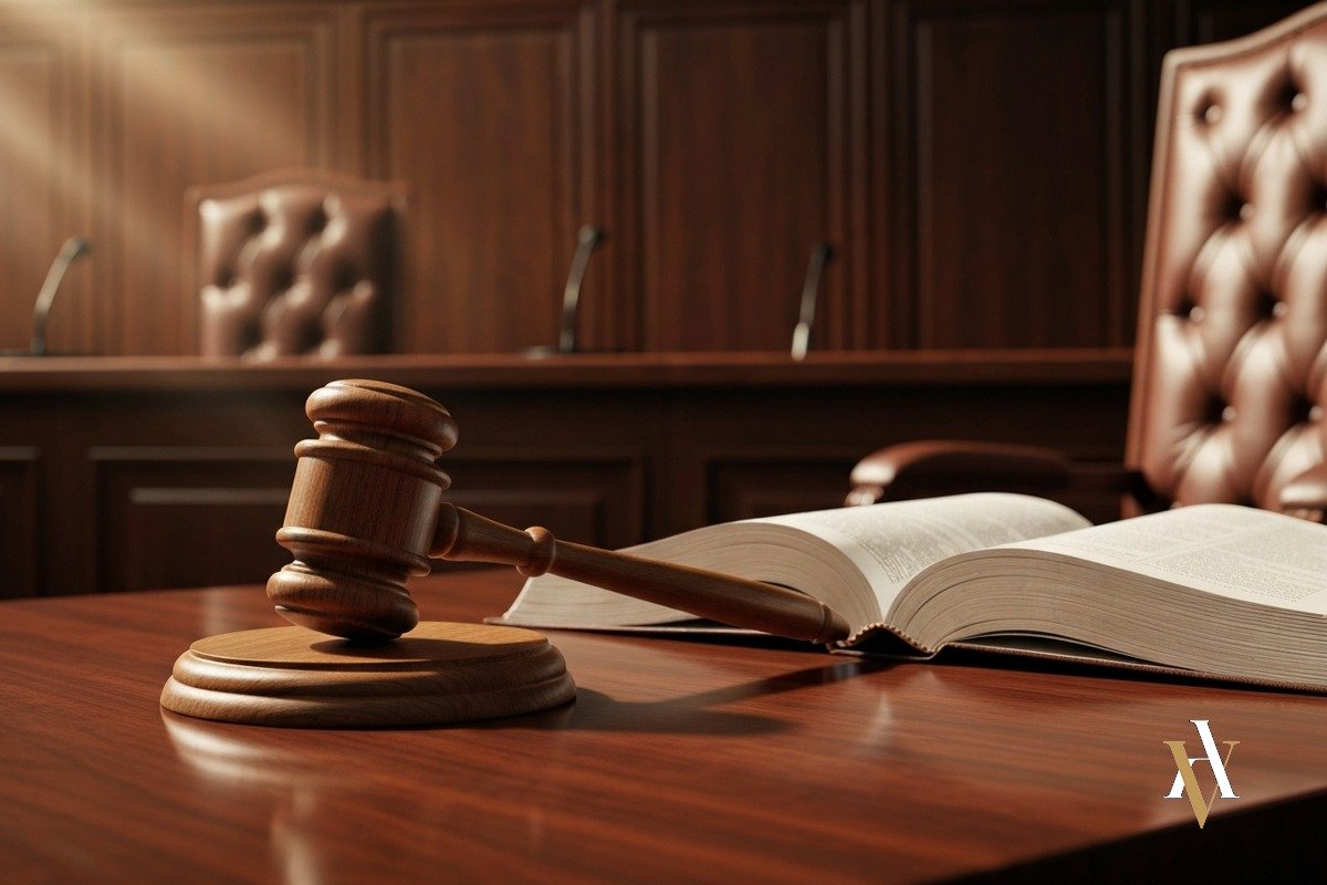 Valoracion declaracion victima como prueba de cargo Mazo de juez sobre escritorio de madera con expediente abierto en sala de tribunal