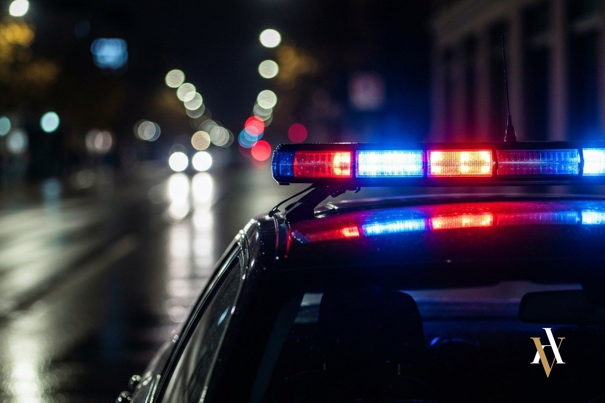 Luces de un coche patrulla de policía por la noche: la clasificación policial de la agresión sexual de alta intensidad