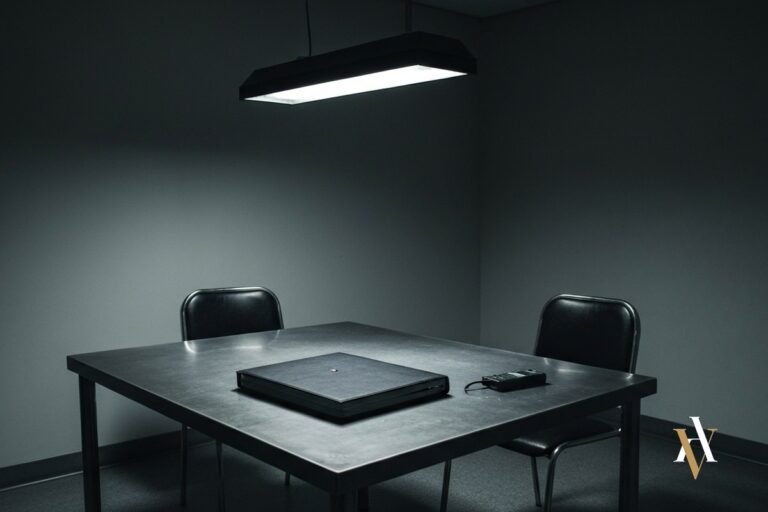Sala de interrogatorio policial vacía con un expediente sobre la mesa: qué hacer si te acusan de violación