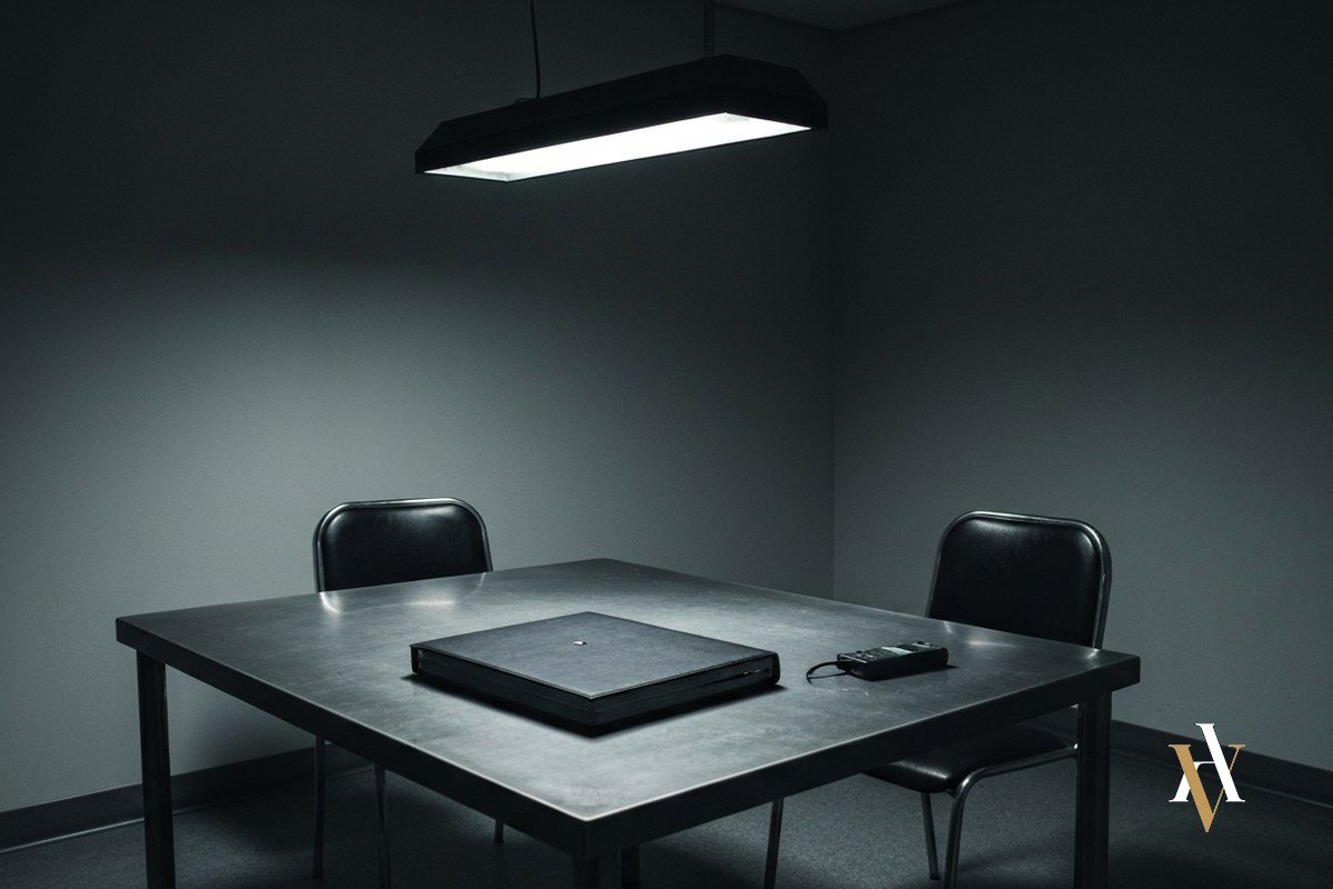 Sala de interrogatorio policial vacía con un expediente sobre la mesa: qué hacer si te acusan de violación
