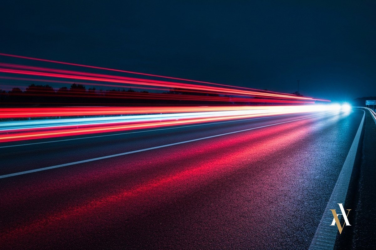 Carretera de noche con trazadas de luces: conducción bajo los efectos del alcohol y seguridad vial