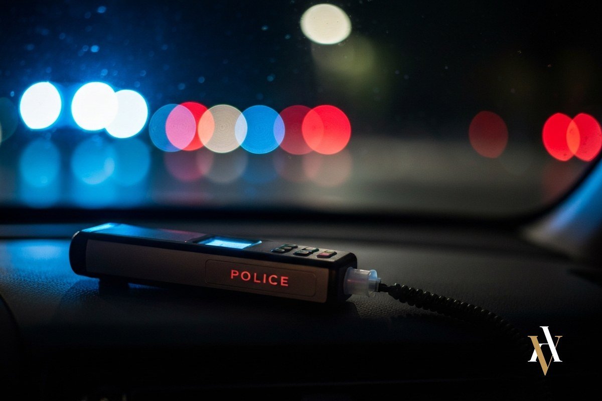 Etilómetro sobre el salpicadero de un coche en un control nocturno: el delito de alcoholemia del artículo 379 CP