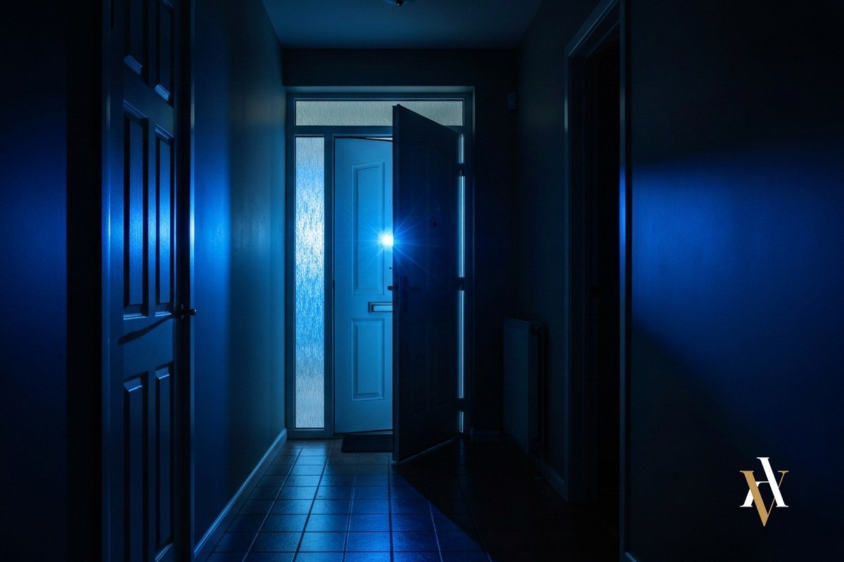 Luces de policia en la entrada de un domicilio durante un registro Luces de policia en la entrada de un domicilio durante un registro