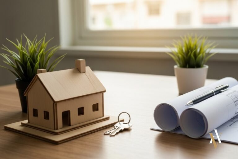 Llaves y maqueta de una casa sobre una mesa, ilustrando una estafa inmobiliaria