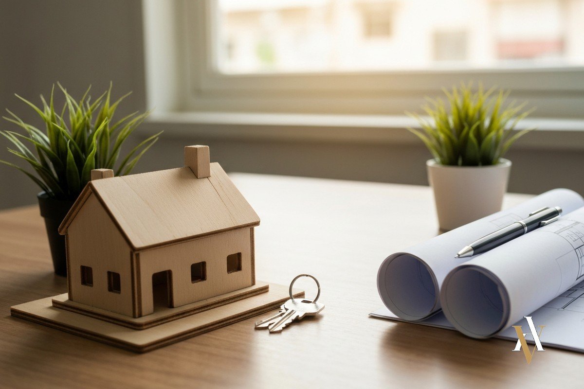 Llaves y maqueta de una casa sobre una mesa, ilustrando una estafa inmobiliaria
